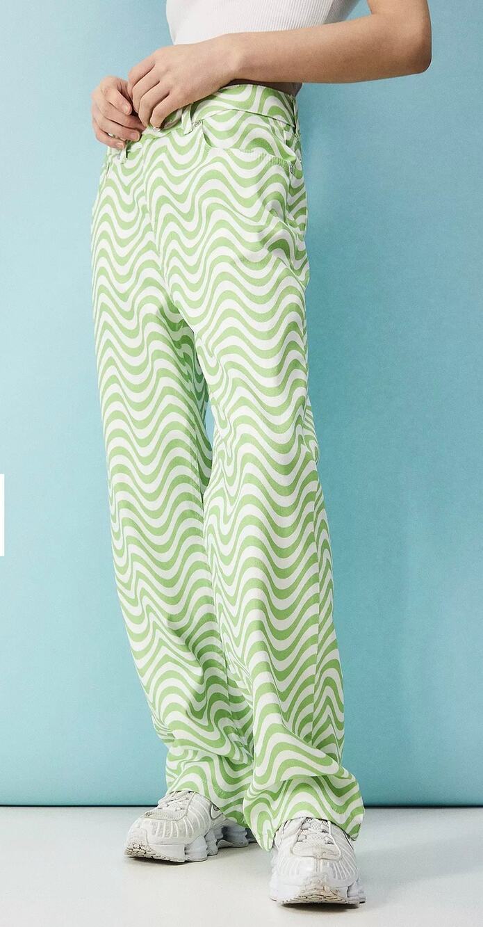Ragged Jeans Wave Design Dad Jeans Green White Women's Size 32 Wavy Lines